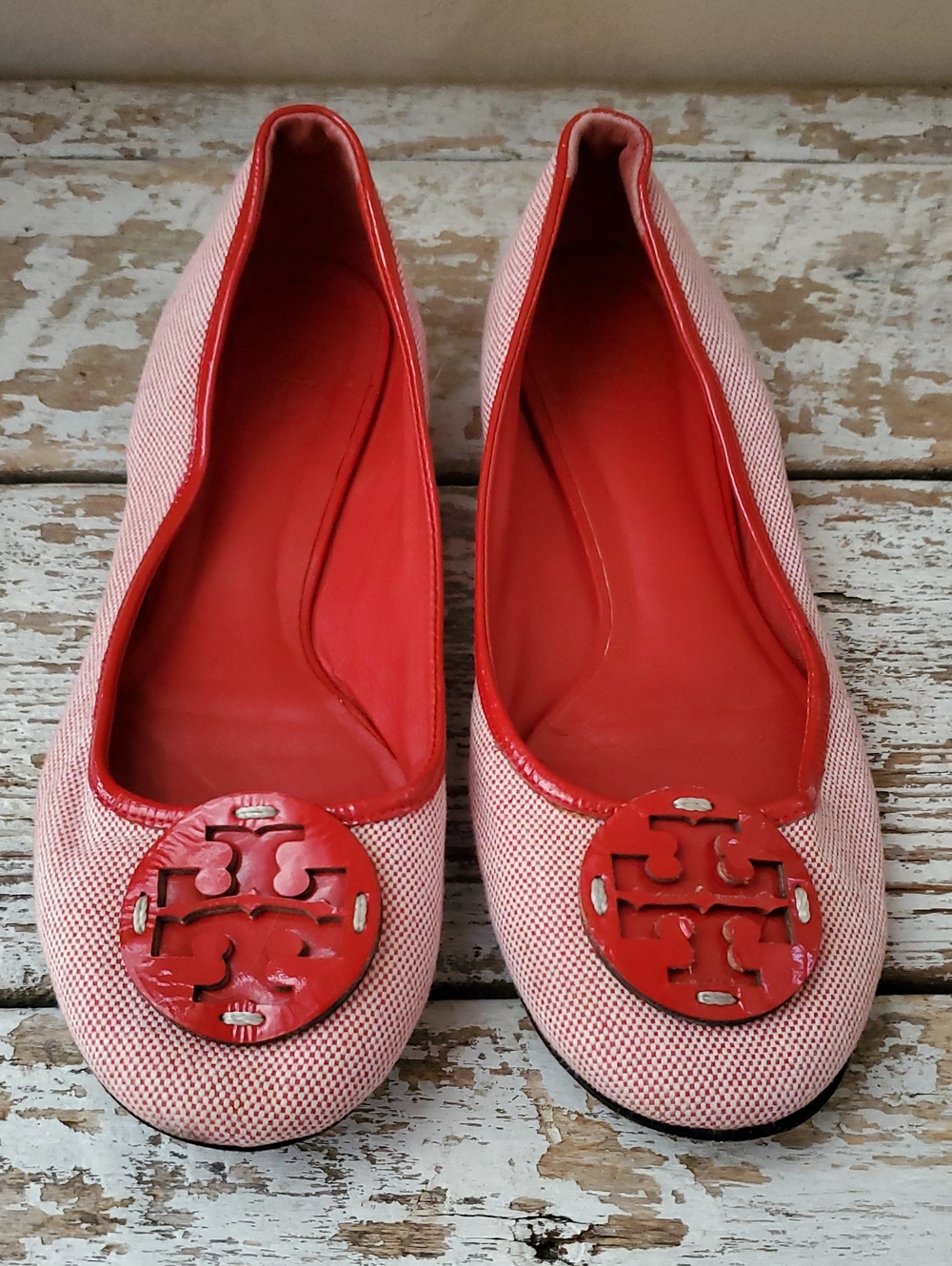 Women's Red Slip-On Ballet Flats with Logo Medallion
